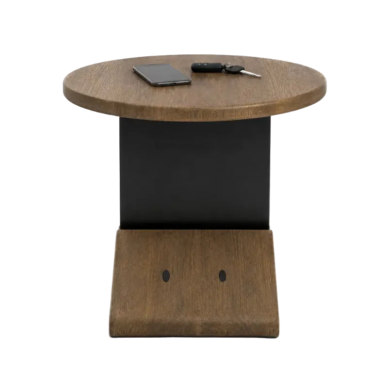 A modern round side table with a medium brown wood grain top and base, featuring a matte black rectangular central column.