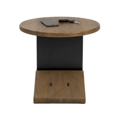 A modern round side table with a medium brown wood grain top and base, featuring a matte black rectangular central column.