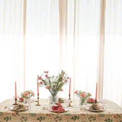 Eden Rose Linen Table Cover on set dining table against sheer curtains, wide view