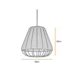Woven pendant light with dimensions on a white background