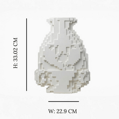 White mirage vase with a pixelated mosaic design, with dimensions