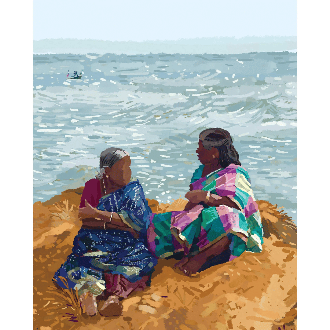 An artistic representation of two women seated close by the sea shoreline, watching the waves come in. Art Print capturing the coastal mood of Pondicherry through colour and form.