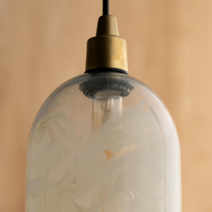 Bella White Hanging Lamp showing vintage-style light bulb