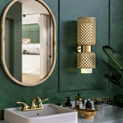 Designer Metamorphosis Wall Lamp – wall-mounted modular bamboo lamp with brass accent, compact form.