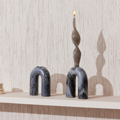 Two U-shaped handcrafted Grey Levanto Marble Candle Holders with unique pattern