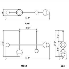 Modern Chandelier technical drawing with dimensions for a product layout