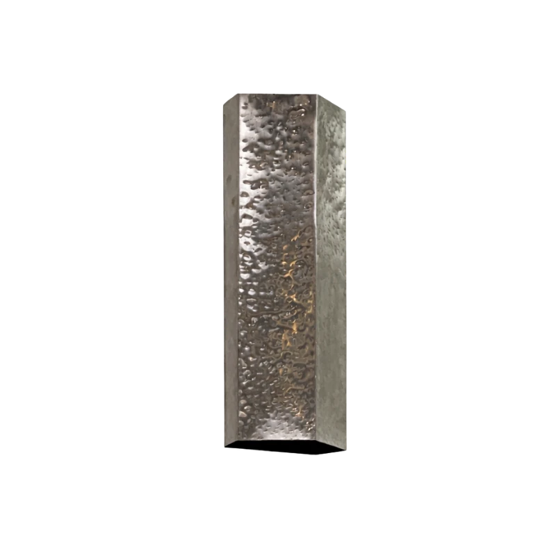A rectangular metal textured stainless steel wall sconce fixture with a hammered, shown against a plain white background.