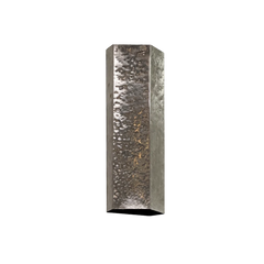 A rectangular metal textured stainless steel wall sconce fixture with a hammered, shown against a plain white background.