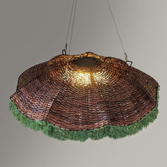 Decorative ceiling light fixture with woven design and green base