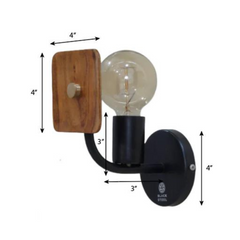 Lodge Wooden Wall Sconce showing wooden accent and Edison bulb, with measurements.