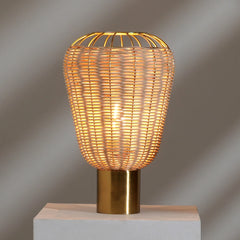 Decorative Meiji Table Lamp with woven design and gold base on a neutral background