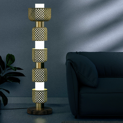 Decorative Metamorphosis Floor Lamp with bamboo woven design  styled in a living room setting