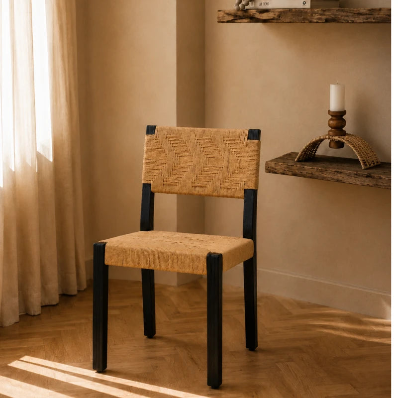 Tessa Dining Chair with black teakwood frame and woven jute seat in a sunlit dining corner