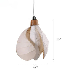 Unique Pendant light with wooden accent and white shade, shown with measurements 
