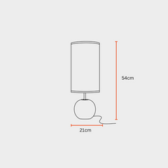 Measurement chart of a table lamp with dimensions labeled on a white background