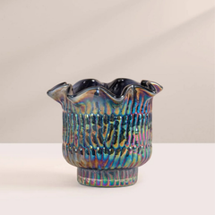 Oud Votive Candle, black iridescent lotus-cut glass with ruffled rim, front view