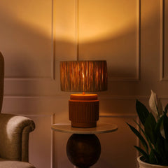 Decorative Dune Table Lamp with a textured raffia shade & terracotta base with warm lighting in a room setting.
