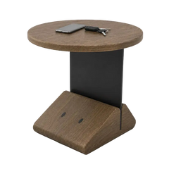 A modern round side table with a medium brown wood-grain finish and a black central support