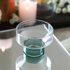 NIB - Mini Dessert Bowl - Set of 4 – teal base borosilicate glass dessert bowl, angled view on a mirror