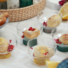 NIB - Mini Dessert Bowl - Set of 4 – puri chaat with pomegranate served in teal, yellow and clear black base bowls