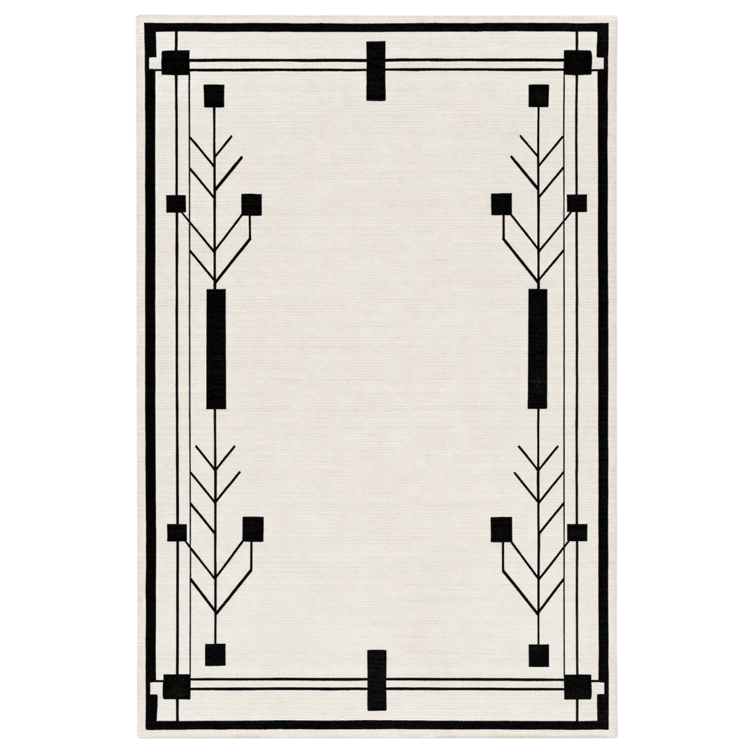 Decorative rug with black geometric pattern on a white background
