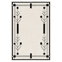 Decorative rug with black geometric pattern on a white background