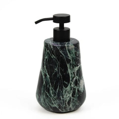A teardrop-shaped Spyder Soap dispenser bottle with a black and green Veined marble pattern, featuring a matte black pump dispenser on a white background.