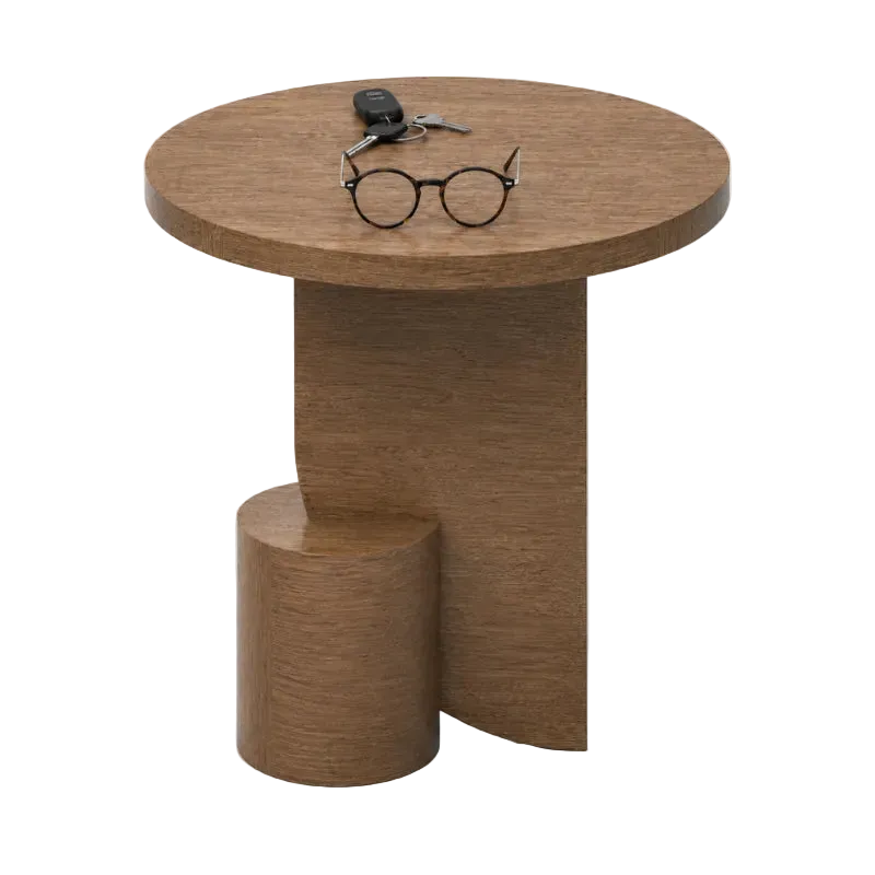 A round wooden end table with a unique sculptural base