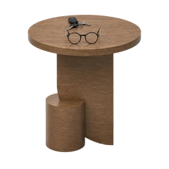 A round wooden end table with a unique sculptural base