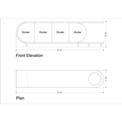Technical line drawing showing front elevation and plan views with dimensions for a shutter product, labeled with measurements 6'-4" and 3'-9".