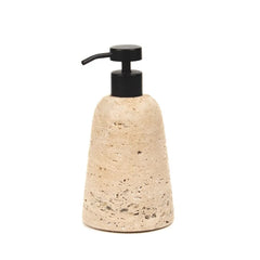 Eara Soap Dispenser - A natural Porous Beige travertine stone pump bottle with a black pump dispenser, shown on a solid white background.