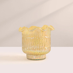 Venetian Bergamot Votive Candle, yellow iridescent lotus-cut glass with ruffled rim, front view
