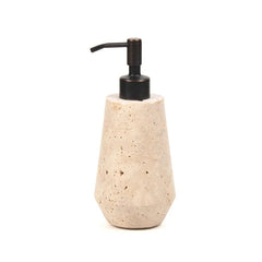 A modern geometric Otel Travertine soap dispenser with a textured beige travertine stone base and a dark bronze pump, shown on a solid white background. 