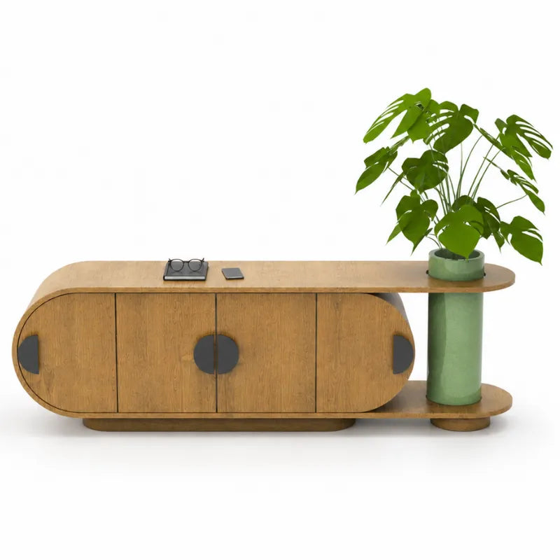 A mid-century modern wooden TV stand or console table with rounded ends, three cabinet doors with circular dark metal accents, a top shelf holding a pair of glasses and a phone, and a cylindrical green plant pot on the right side, shown on a white background.