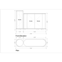 A black-and-white technical drawing showing the front elevation and plan of a shutter or door panel system with dimension labels such as 5'-6", 4'-0", 1'-3", and shutter markings.