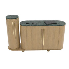 A modern Art Deco style sideboard cabinet with an oval wood grain body, a dark green marble top, and a matching cylindrical side pedestal, shown on a plain white background.