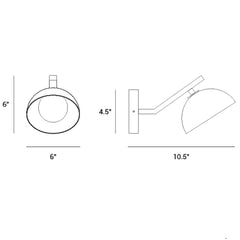 Technical drawing of a Bronze Molt Wall Sconce, front and side look with dimensions labeled.