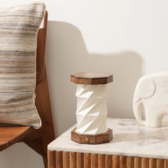 Handcrafted Origami Foldplay Table Lamp, made of white Linen and wood placed on a side table