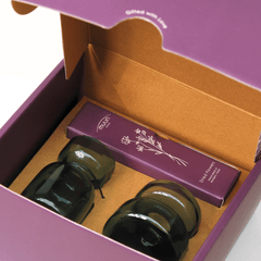 Two borosilicate glass mini vases gift box in teal color wit box of dried flowers.