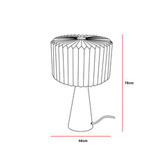 Line drawing of a hikari table lamp with dimensions on a white background