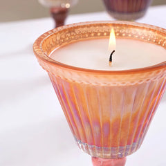 Sundae - Votive Candle - Peach - Sparkling Orchard, close-up of lit wax and beaded glass rim