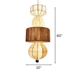 Decorative pendant light with wooden shade and geometric design, shown with measurements on a white background.