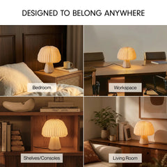 A four-panel lifestyle collage showing a pleated mushroom-shaped table lamp in warm light in different home settings: a bedroom , workspace desk, shelves/consoles, and a living room.