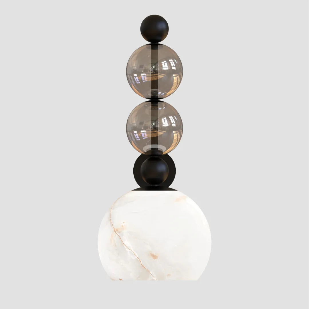 Decorative lamp with three spherical shades - twin smoked glass globes & alabaster panel