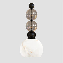 Decorative lamp with three spherical shades - twin smoked glass globes & alabaster panel