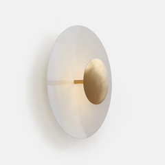 Close-up of disc shape wall light edge and steel finish detail