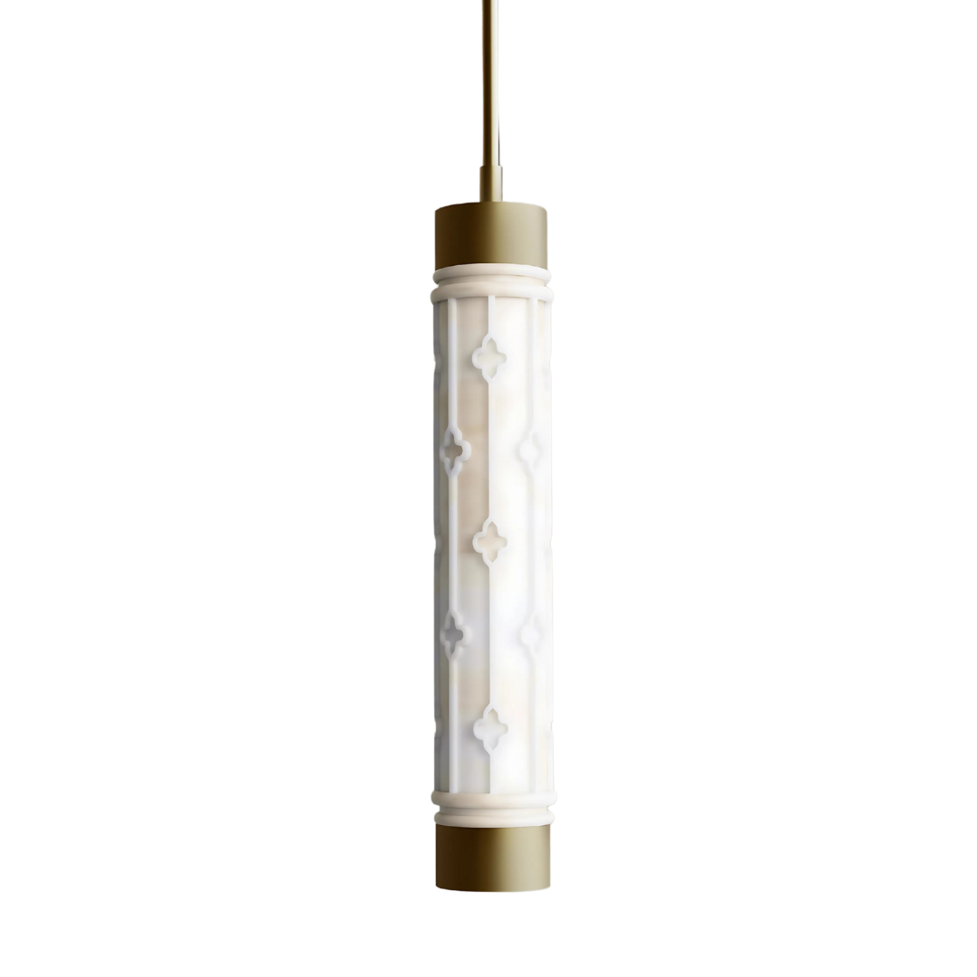 Decorative pendant light with white cylindrical shade and gold accents