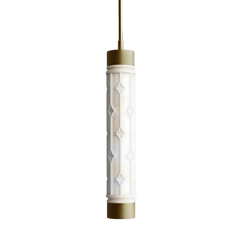 Decorative pendant light with white cylindrical shade and gold accents