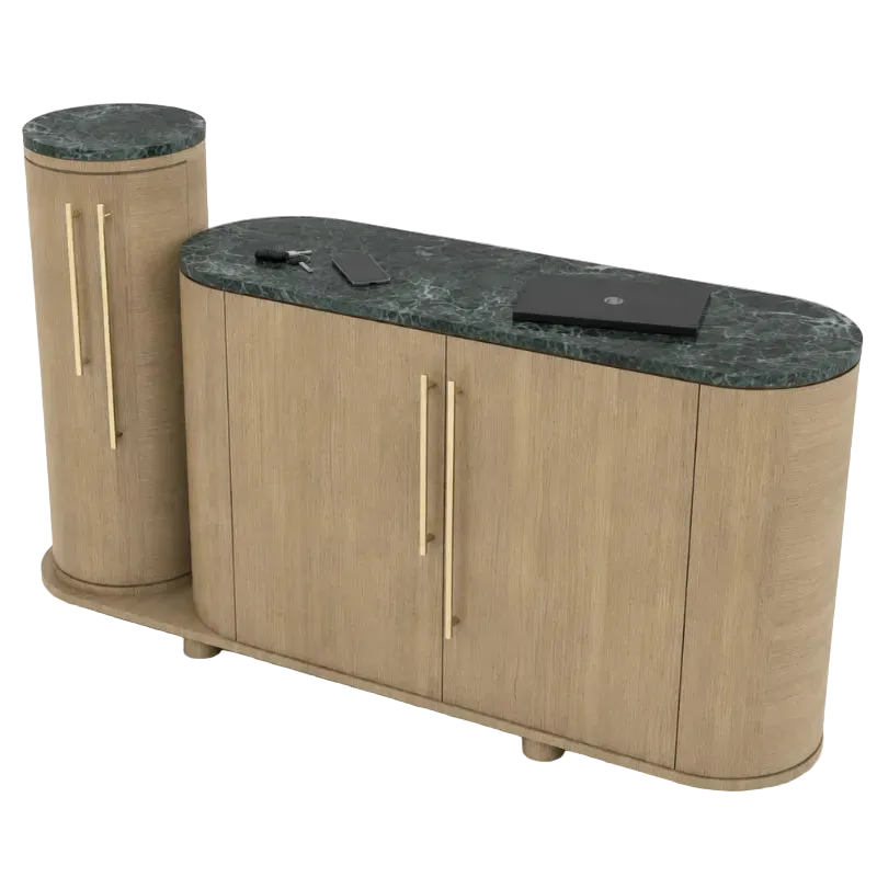 A modern curved entryway console table with light oak wood grain cabinets, dark green marble tops, and slim gold handles, shown on a clean white background.