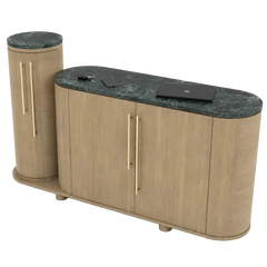 A modern curved entryway console table with light oak wood grain cabinets, dark green marble tops, and slim gold handles, shown on a clean white background.